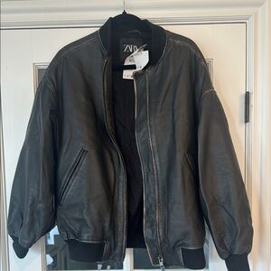 NWT Zara Women’s Dark Brown Leather Bomber Jacket